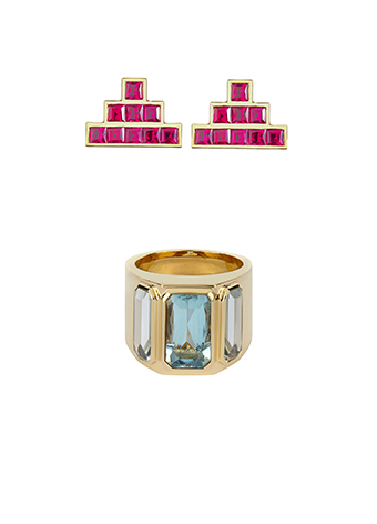 aquamarine ring and ruby earrings