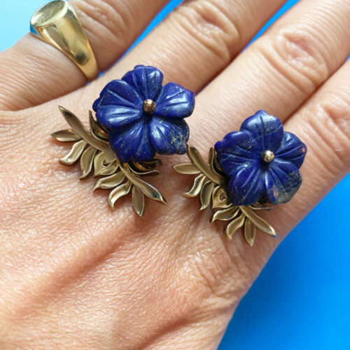blue lapis carved flower earrings