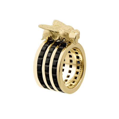 18ct yellow gold and black sapphire cocktail ring with wasp/bee on top, by Tessa Packard London