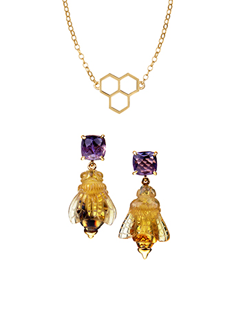 amber and amethyst bee earrings and gold honeycomb necklace