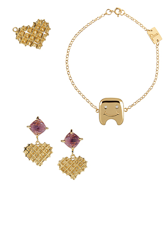heart pendant, gold tooth bracelet, heart shaped drop earrings