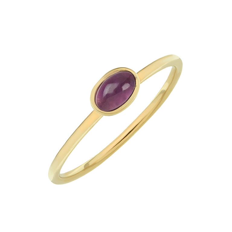 cabochon oval amethyst and 9ct yellow gold stacking ring