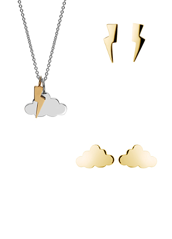 gold cloud earrings, silver cloud necklace, gold lightning bolt earrings