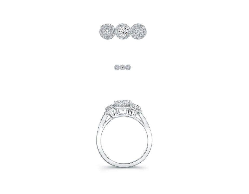 sketch of bespoke triple halo diamond engagement ring