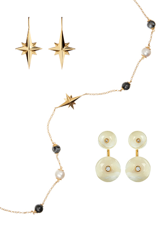 gold star earrings, pearl necklace, pearl drop earrings