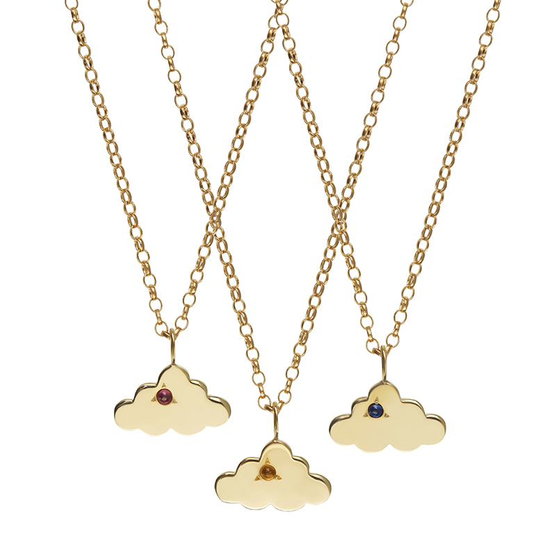three bespoke yellow gold cloud necklaces set with gem stones