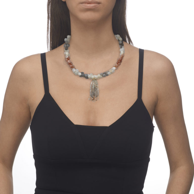 Moonstone Tassel Necklace worn by model