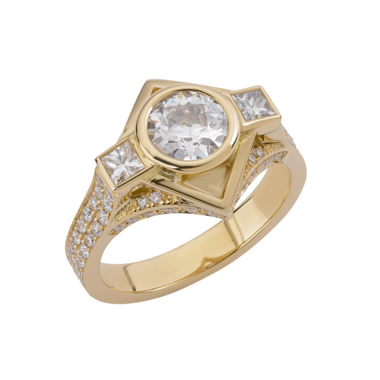 Bespoke Gold and Diamond 3 stone pave band Engagement Ring by Tessa Packard London Contemporary Fine Jewellery