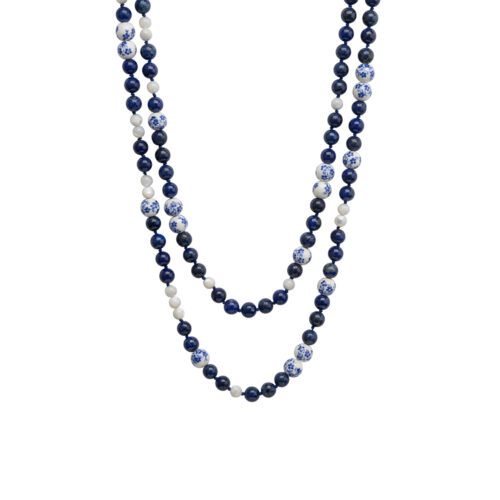 lapis lazuli and mother of pearl bead long necklace
