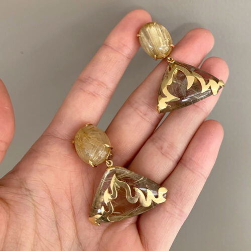 gold quartz flame earrings