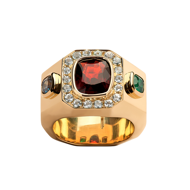 yellow gold garnet engagement ring with emeralds, sapphires and green quartz