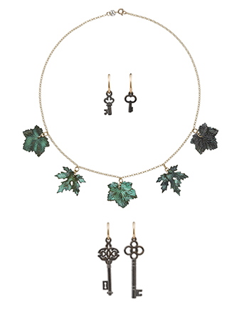 leaf necklace and key earrings