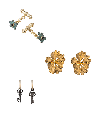 turtle cufflinks, flower earrings and key earrings