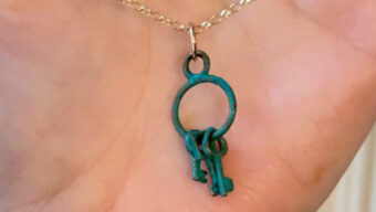 verdigris key necklace on 9ct gold chain
