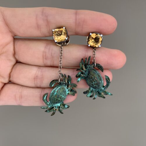 green verdigris citrine crab earrings