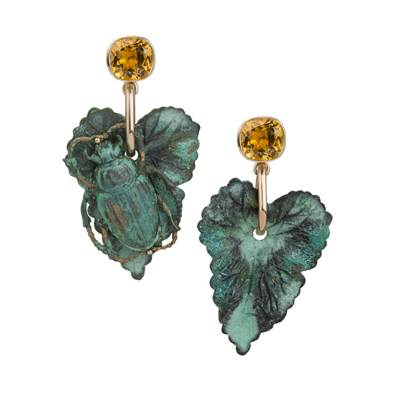citrine earring studs and verdigris brass beetle leaf earrings