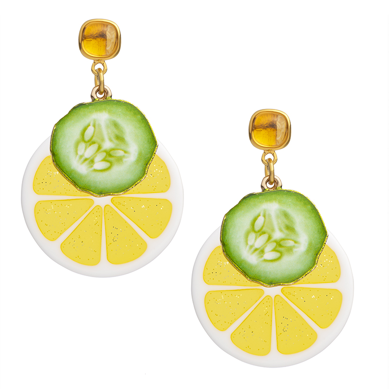 citrine earring studs with large plastic lemon slices and resin cucumber slices