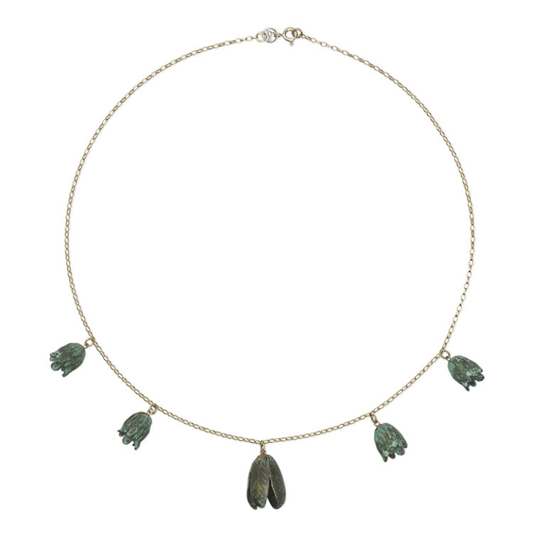 verdigris brass tulips on yellow gold chain necklace