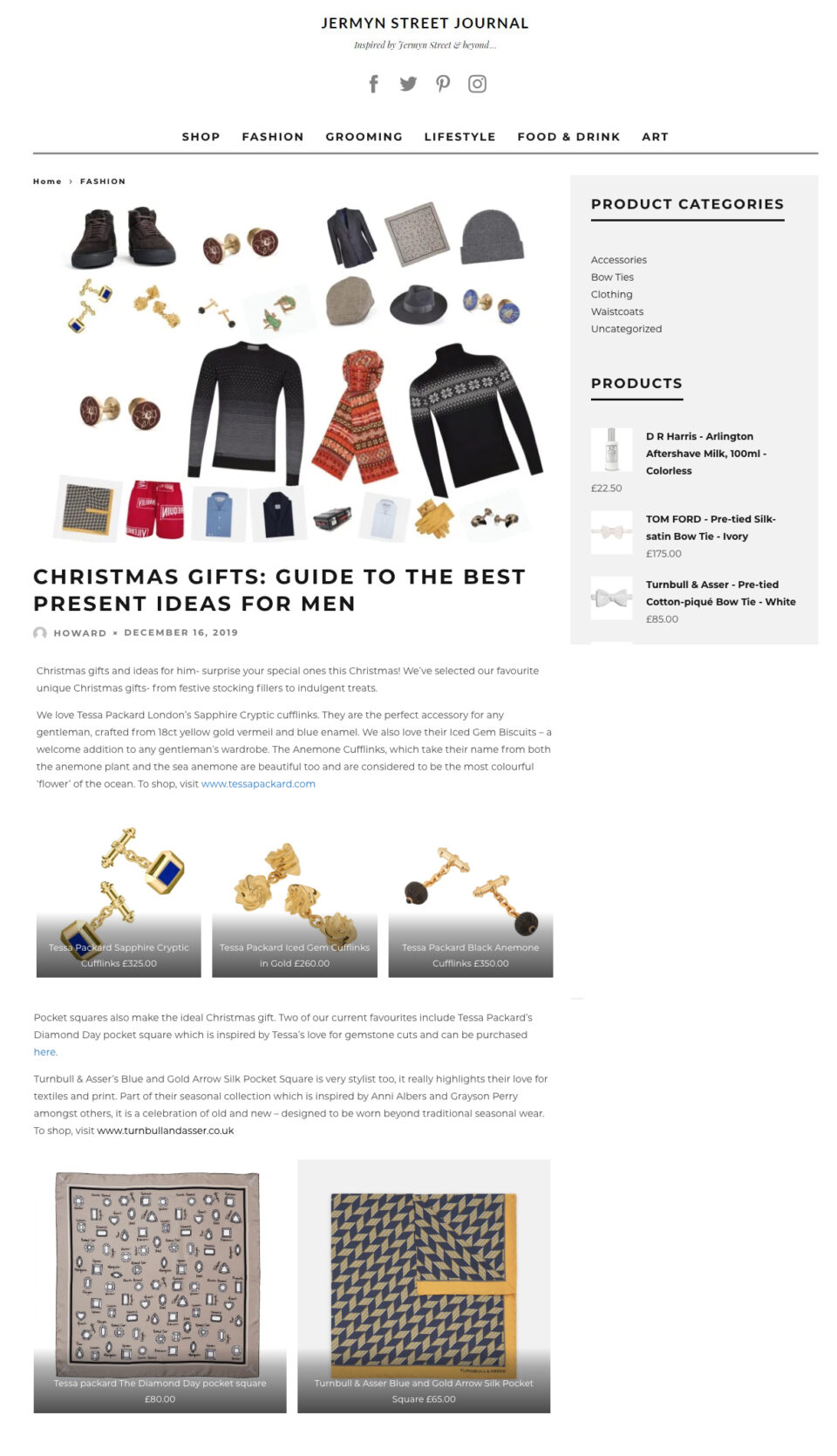 Jermyn Street Journal Christmas gifts for men featuring Tessa Packard London gold and blue enamel cufflinks, iced gem cufflinks, black onyx and gold cufflinks, diamond day grey silk pocket square.