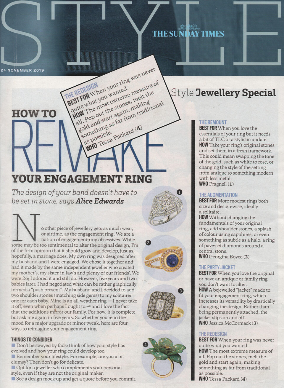 The Sunday times Style section how to remake your engagement ring featuring Tessa Packard London Contemporary fine Jewellery