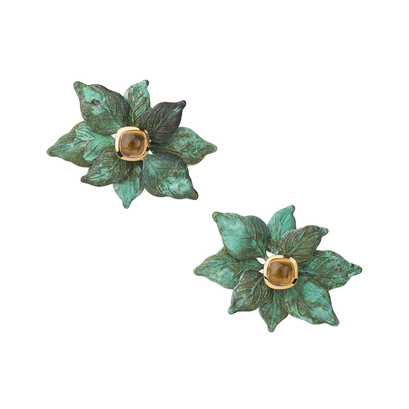 floral leaf earrings with citrine cabochon studs