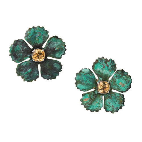 statement gold, citrine and verdigris brass flower earrings