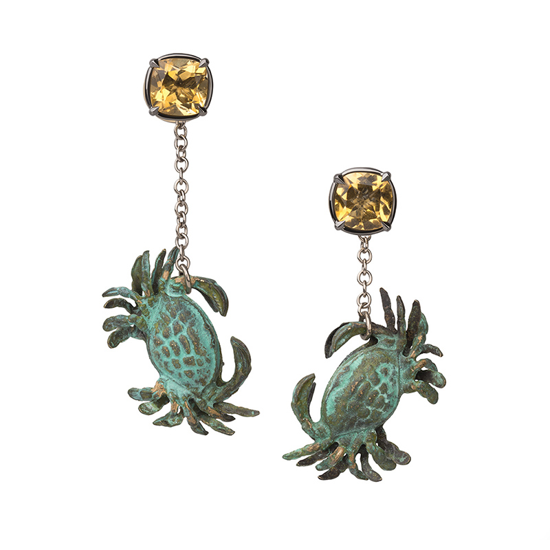 one-of-a-kind gold and verdigris gemstone crab earrings