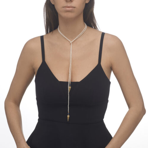 modern gold and pearl lariat necklace