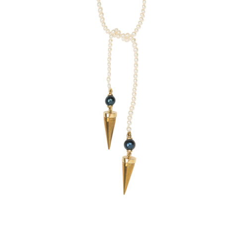 gold and pearl long lariat necklace with brass spikes