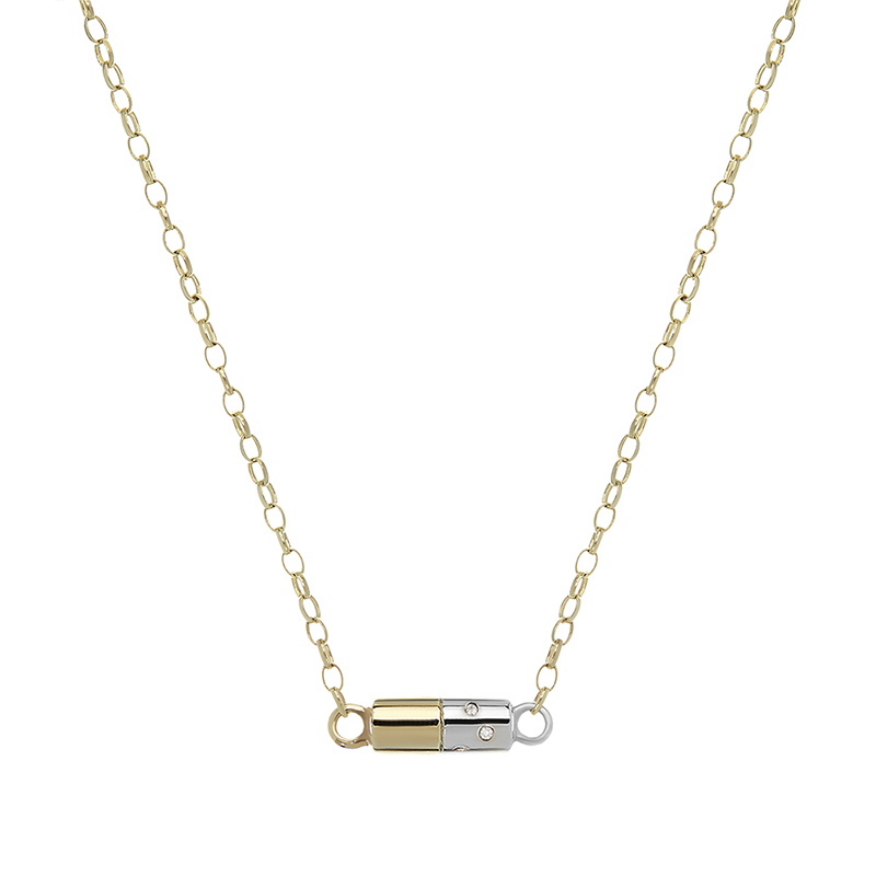 yellow gold and silver pill necklace with diamonds