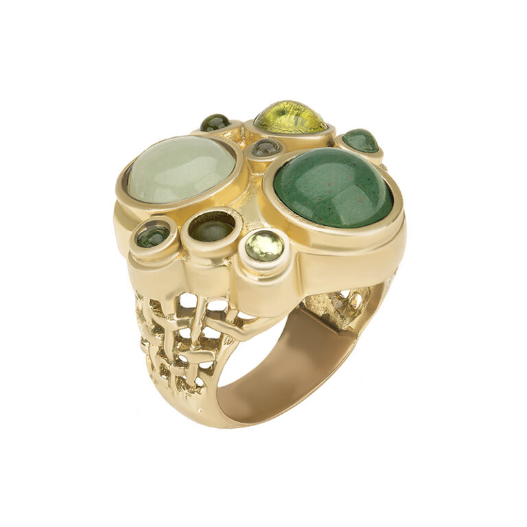 large brass cocktail ring with peridot, emerald and green agate stones