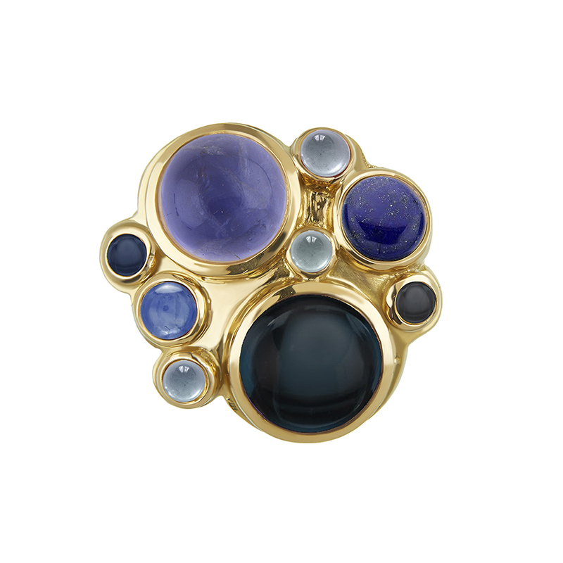 large brass cocktail ring with sapphire, polite and lapis lazuli stones
