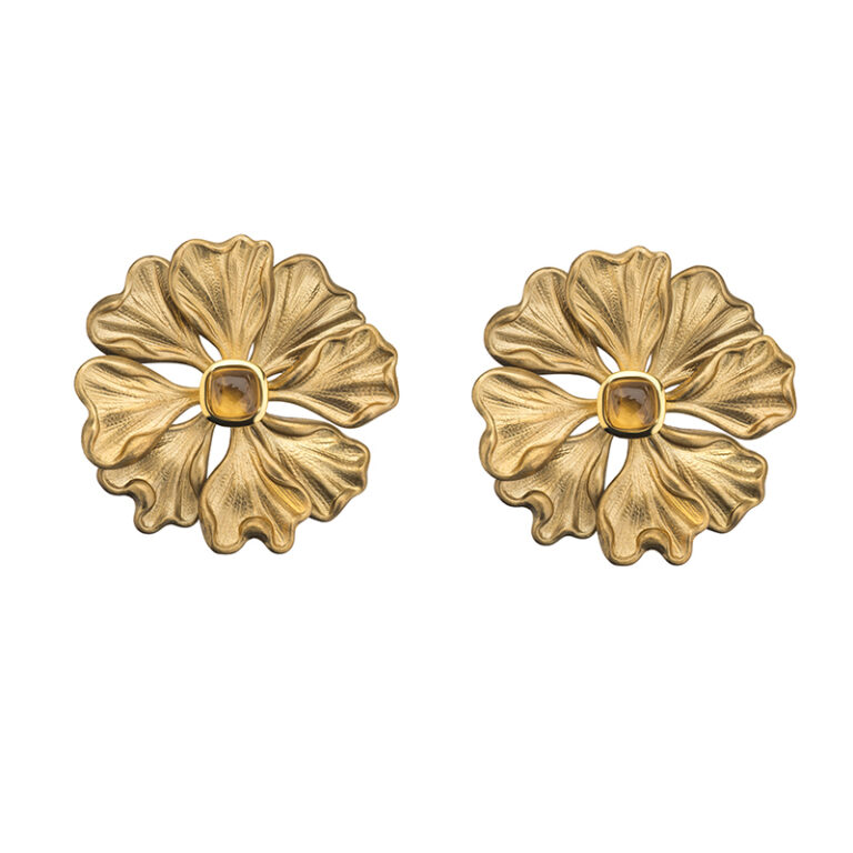 gold plated large flower earrings with citrine studs