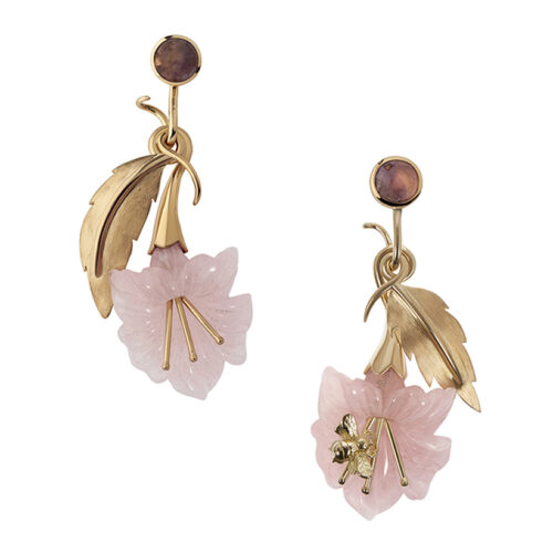 yellow gold and pink quartz bee earrings