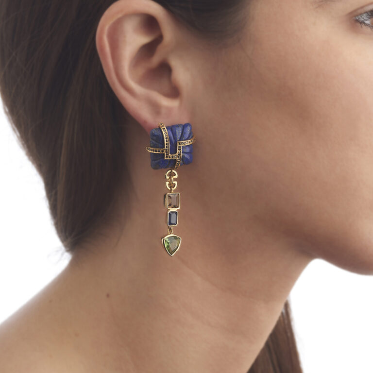 model wearing statement lapis lazuli earring