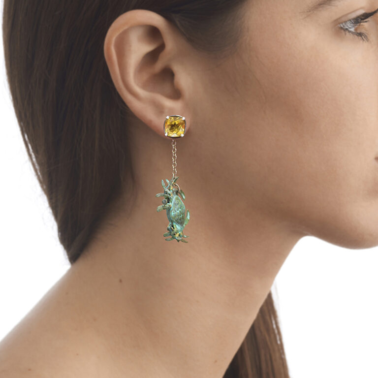 contemporary gold, verdigris brass and enamel crab earrings