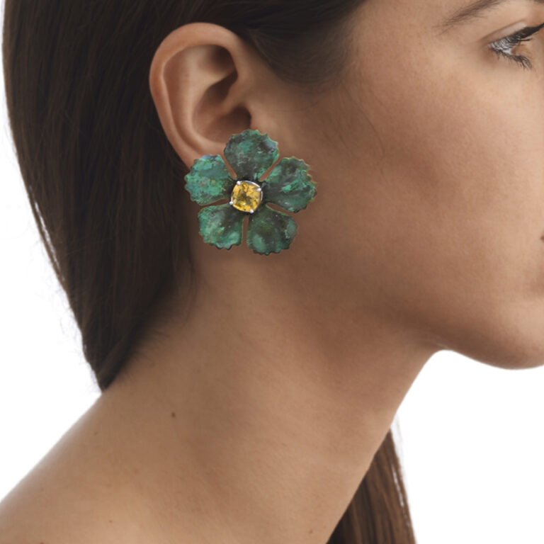 floral earrings made from gold and verdigris brass