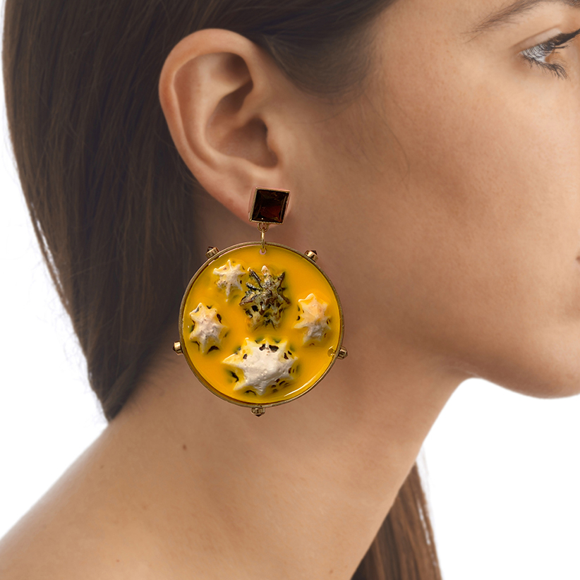 Statement yellow resin earrings decorated with smoky quartz and shell