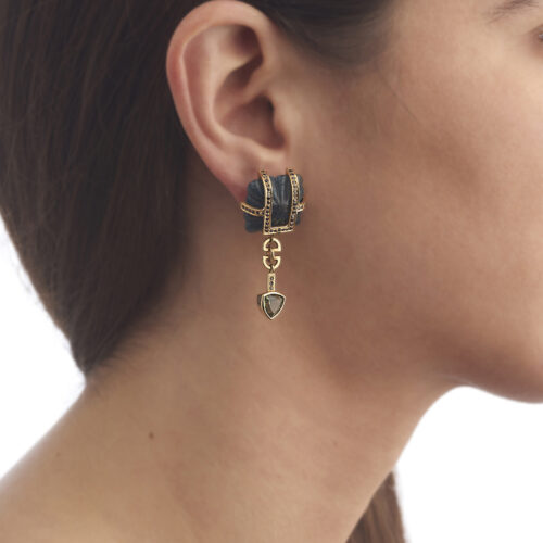 model wearing statement kyanite and tourmaline earring