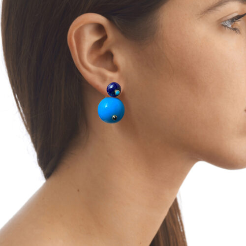 contemporary bead earrings in sapphire, lucite and lapis lazuli
