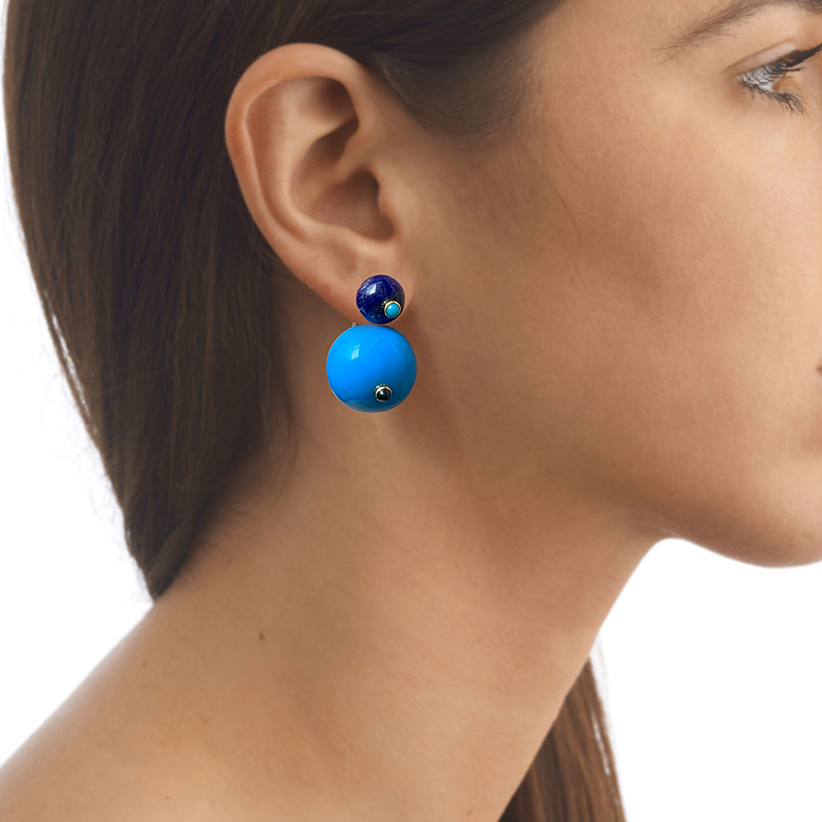 contemporary bead earrings in sapphire, lucite and lapis lazuli