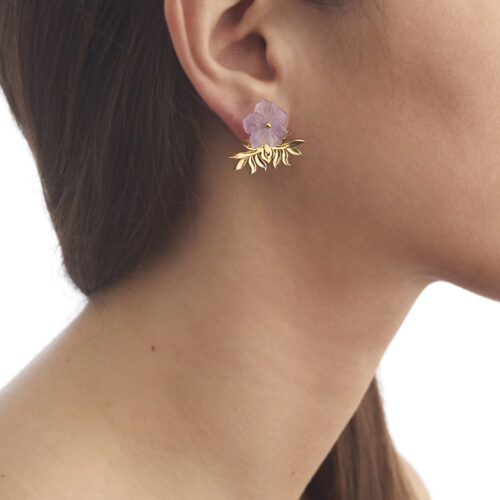 model wearing amethyst flower earring