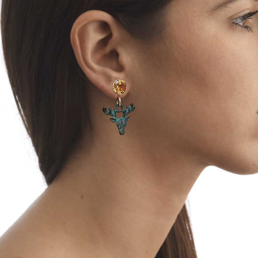 gold and citrine earrings with deer head drop in verdigris brass