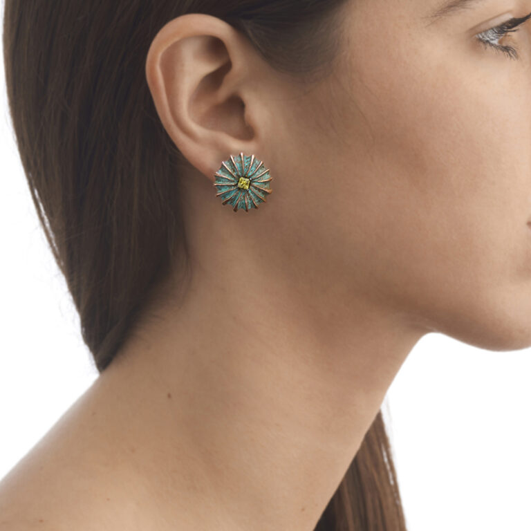 rhodium, yellow sapphire and verdigris brass flower earrings