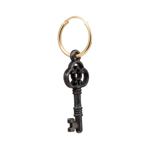 gold vermeil hoop earrings with black brass key charm drop
