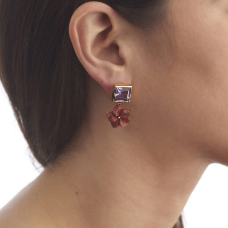 model wearing amethyst and red jasper flower earring