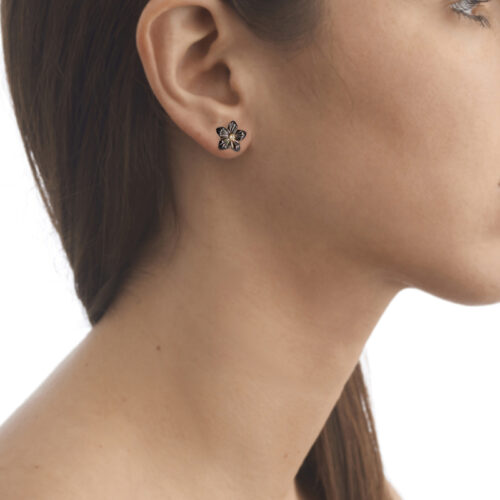 mother of pearl flower earrings on model