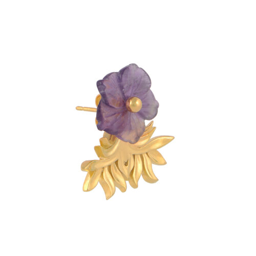 side view of amethyst and gold plated flower earring