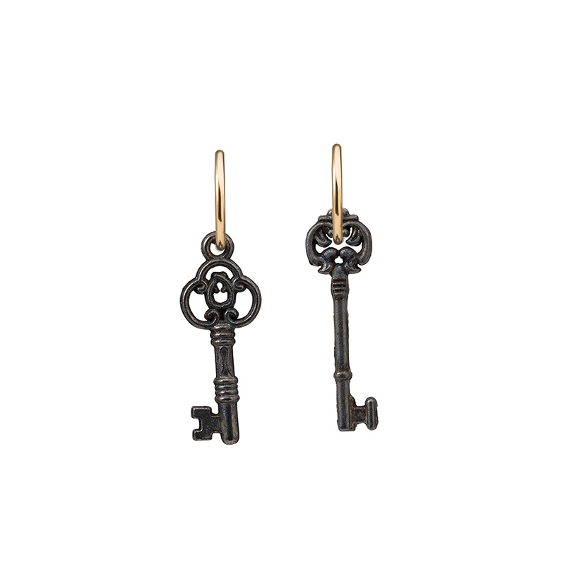mismatching key drops earrings on gold vermeil hoops