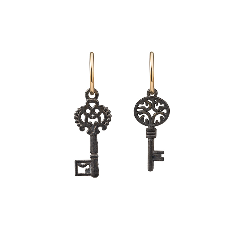 mismatched black rhodium keys on 9ct yellow gold hoops